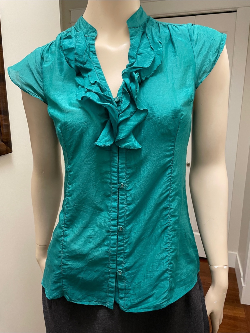 Banana Republic Factory Silk Teal Ruffle V-Neck Cap Sleeve Blouse